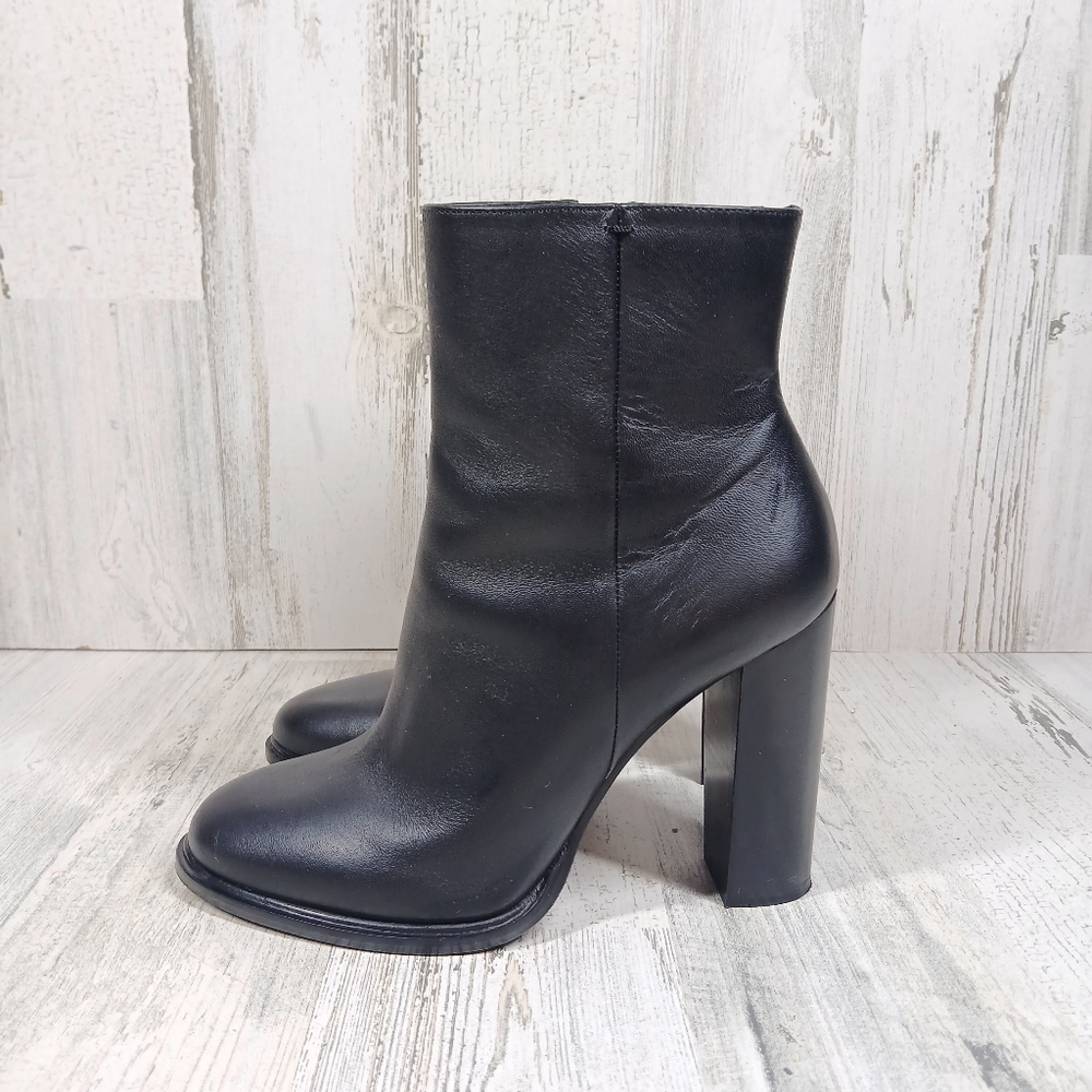 Vince Black Leather Round Toe Side Zip High Heel‎ Ankle Boots